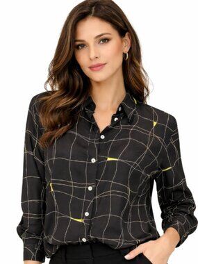 Frilli Black Gold Line Print Button Blouse Relaxed Fit Size US 12